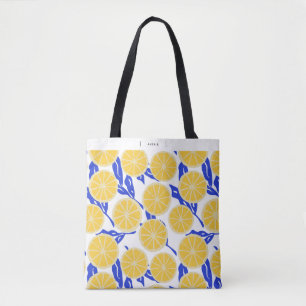 Tote Bag Motif abstrait d'oranges et de feuilles bleues