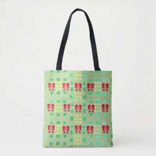 Tote Bag Motif abstrait vert et jaune avec rubans rouges
