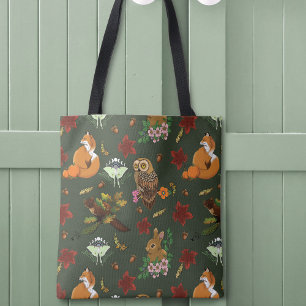 Tote Bag Motif Animaux de la Forêt Boisée Automnale Verte