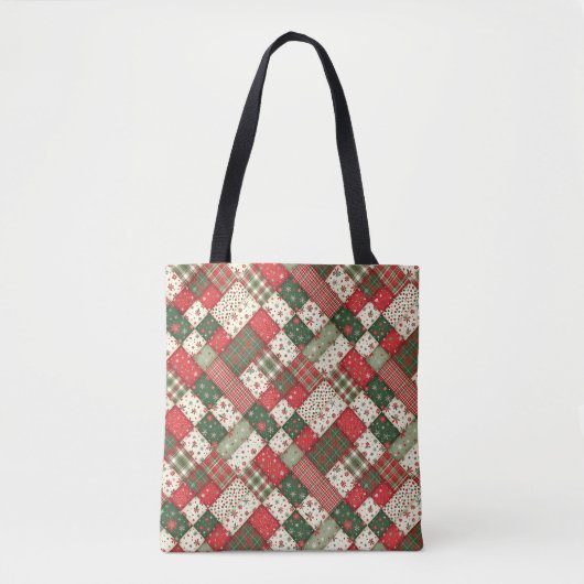 Tote Bag Motif arbre de Noël patchwork vert rouge (Devant)