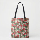 Tote Bag Motif arbre Noël patchwork vert rouge nom (Devant)