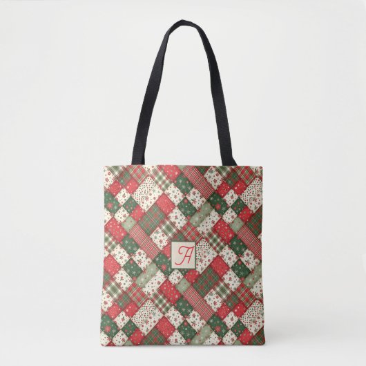 Tote Bag Motif arbre Noël patchwork vert rouge nom (Devant)