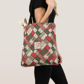 Tote Bag Motif arbre Noël patchwork vert rouge nom (De près)