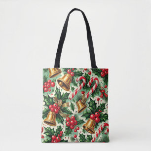 Tote Bag Motif artistique de cloches de Noël, houx et canne