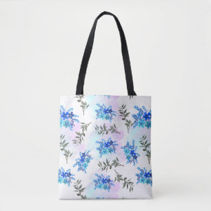 Tote Bag motif avec bouquet bleu de fleurs et feuille