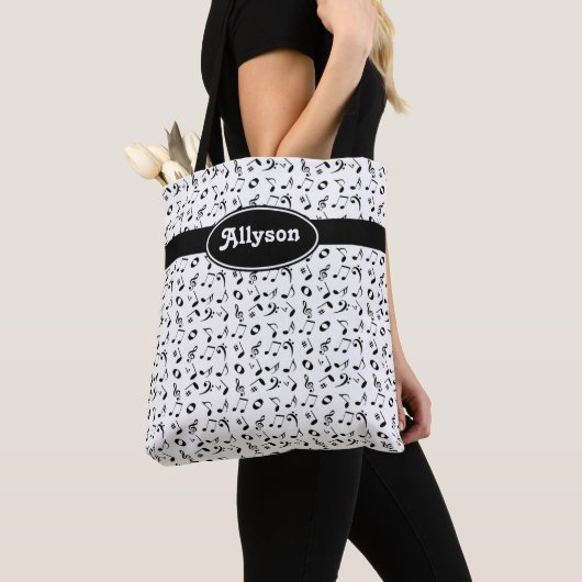 Tote Bag Motif Black and White Reversible Music Notes (De près)