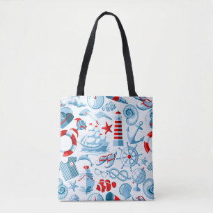 Tote Bag Motif blanc et bleu rouge nautique