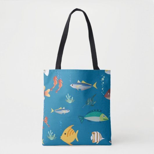 Tote Bag Motif bleu illustré de poissons et d'hippocampes m (Devant)
