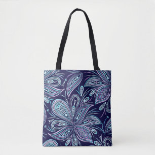 Tote Bag Motif bleu pointillé avec cachemire et perles. Nom