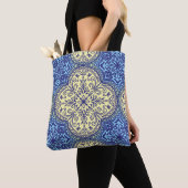 Tote Bag Motif Boho Blue & Gold Tile (De près)
