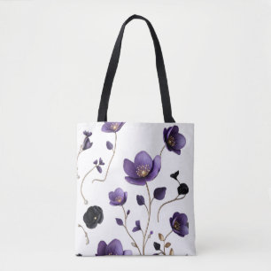 Tote Bag Motif botanique floral 3D violet et or élégant
