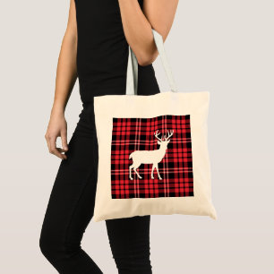Tote Bag Motif carreaux tartan rouge Noël cerf blanc cerf