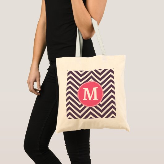 Tote Bag Motif Chevron avec Monogramme - rose violet (Devant (produit))