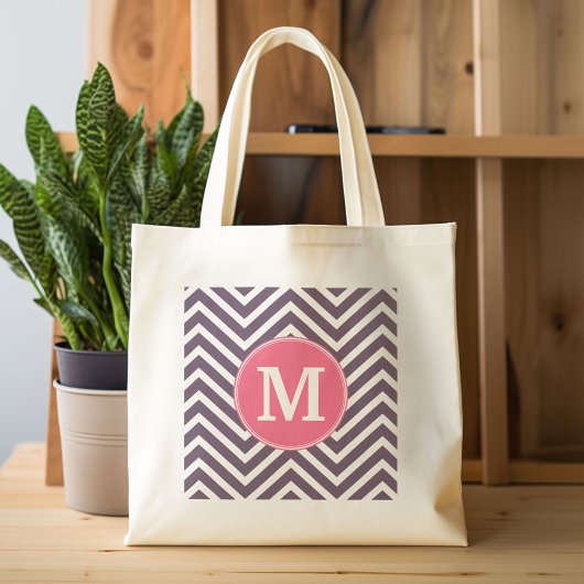 Tote Bag Motif Chevron avec Monogramme - rose violet