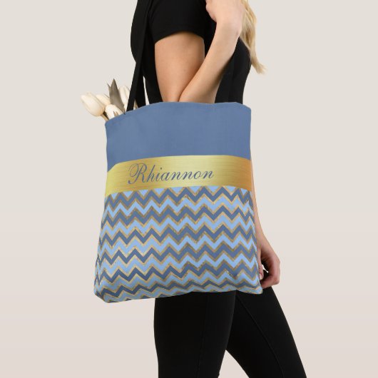 Tote Bag Motif Chevron Or Et Bleu Ardoise - Personnalisé (De près)