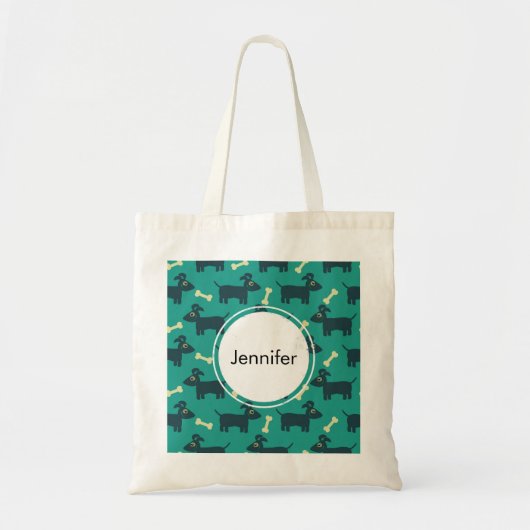 Tote Bag Motif chien mignon avec os sur Arrière - plan vert (Devant)