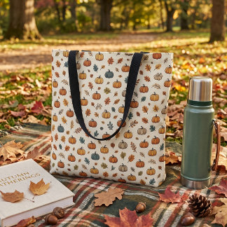 Tote Bag Motif Citrouille d'Automne et Feuille d'Arbre
