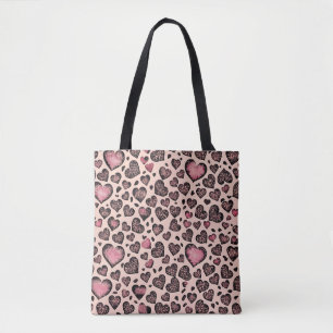 Tote Bag Motif Cœur de Léopard Rose sur Fard Rougeâtre