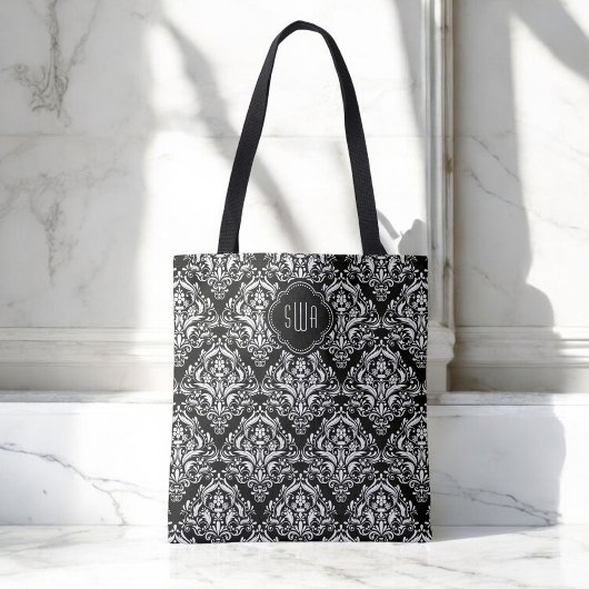 Tote Bag Motif Damas noir et blanc avec Monogramme