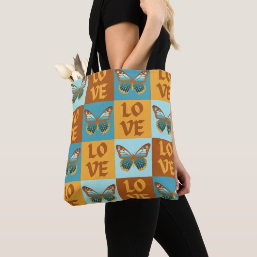 Tote Bag Motif d'amour papillon | Dégradé bleu et orange (De près)
