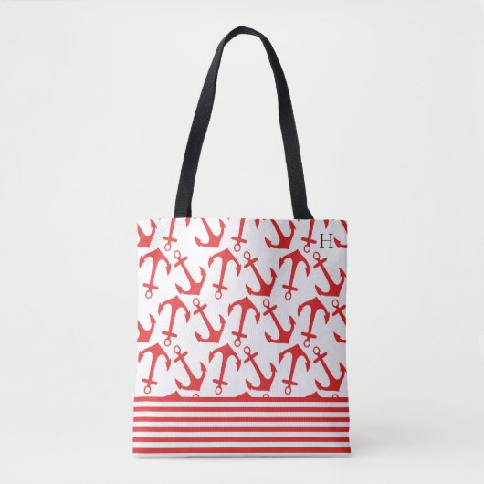 Tote Bag Motif d'ancre rouge côtier chic avec monogramme (Devant)