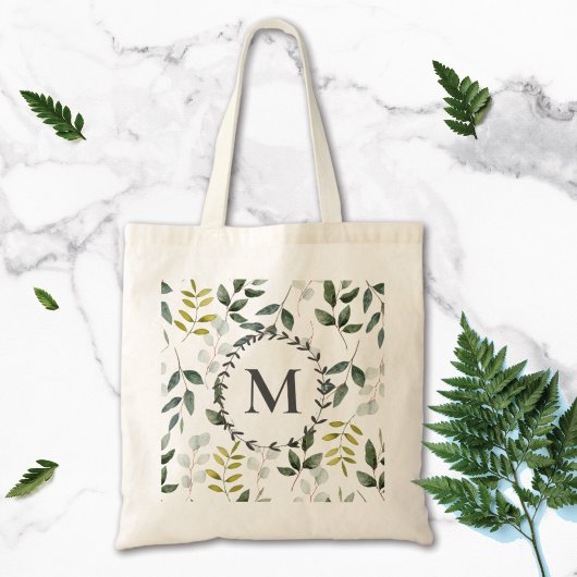 Tote Bag Motif d'aquarelle Feuille vert monogramme