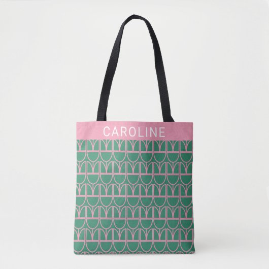 Tote Bag Motif d'art de la ligne florale verte et rose (Devant)