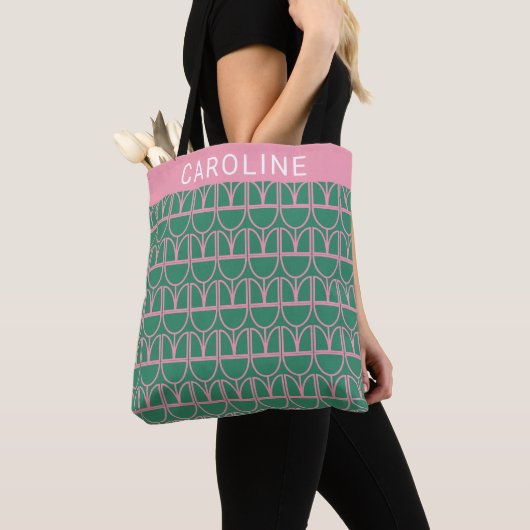 Tote Bag Motif d'art de la ligne florale verte et rose (De près)