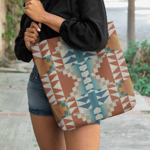 Tote Bag Motif d'art tribal terracotta brun rouge sarcelle