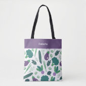 Tote Bag Motif d'aubergine et de brocoli avec nom Purple (Devant)