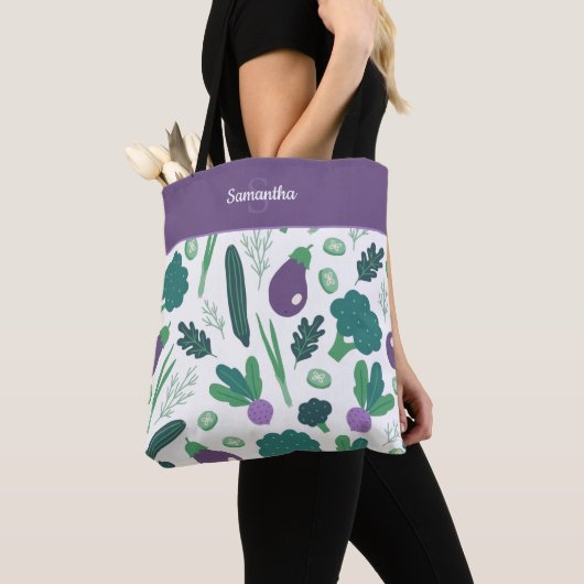 Tote Bag Motif d'aubergine et de brocoli avec nom Purple (De près)
