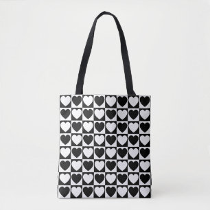 Tote Bag Motif de À damiers noir et blanc aux coeurs
