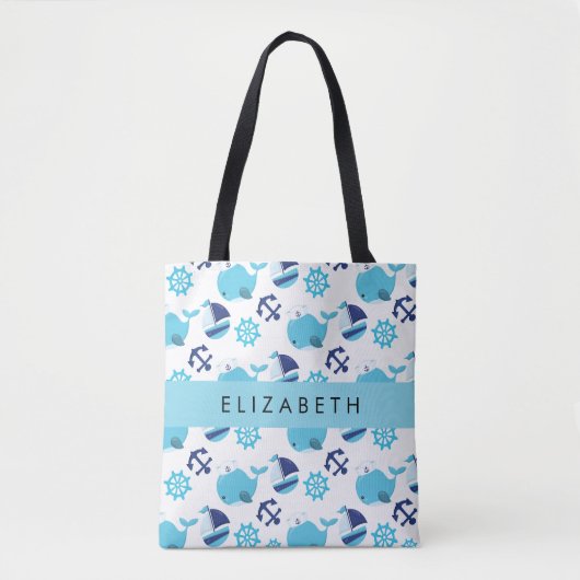 Tote Bag Motif De Baleines, Baleines Bleues, Votre Nom (Devant)