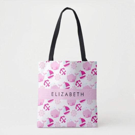 Tote Bag Motif De Baleines, Baleines Roses, Votre Nom (Devant)