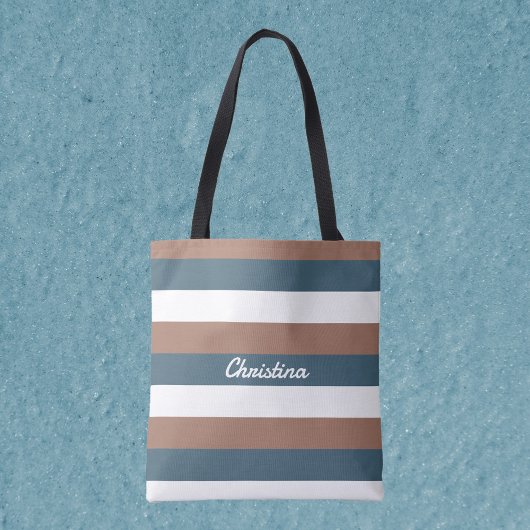 Tote Bag Motif de bande Personnaliser Turquoise Blanc Brown