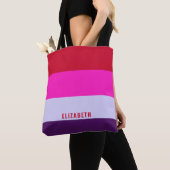 Tote Bag Motif de bandes rouge, rose et violet (De près)