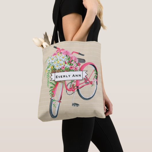 Tote Bag Motif de bicyclette rose rétro Panier (De près)