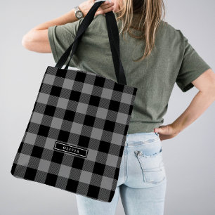 Tote Bag Motif de Buffalo Gris Plaid Monogramme