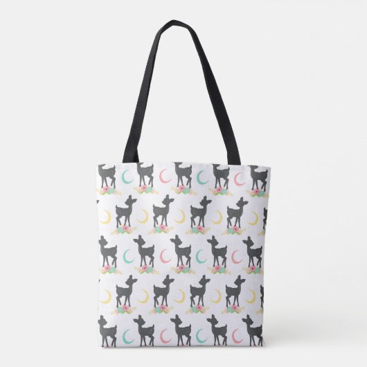 Tote Bag Motif de cerfs, Cerf de bébé, Boho, Fleurs, Lune (Dos)