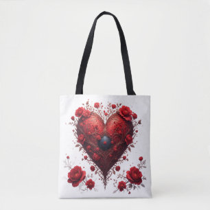 Tote Bag Motif de cœur floral rouge avec des fleurs épanoui