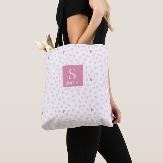 Tote Bag Motif de cœurs roses monogramme (De près)