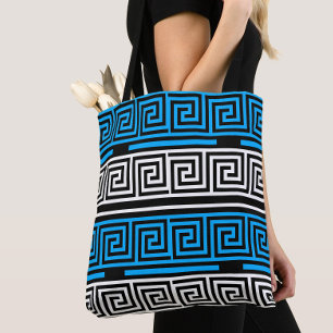 Tote Bag Motif de conception de clé grecque bleu noir blanc