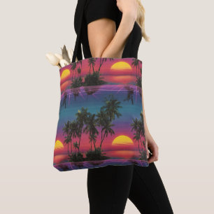 Tote Bag Motif de coucher de soleil palmier Synthwave Rétro