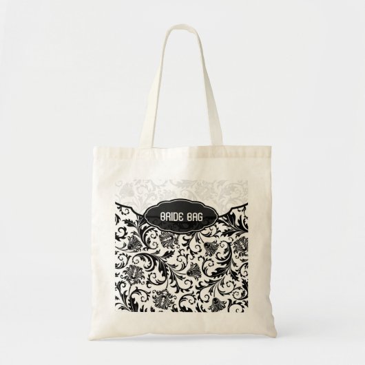 Tote Bag Motif de Damas florales noir et blanc - Monogramme (Devant)