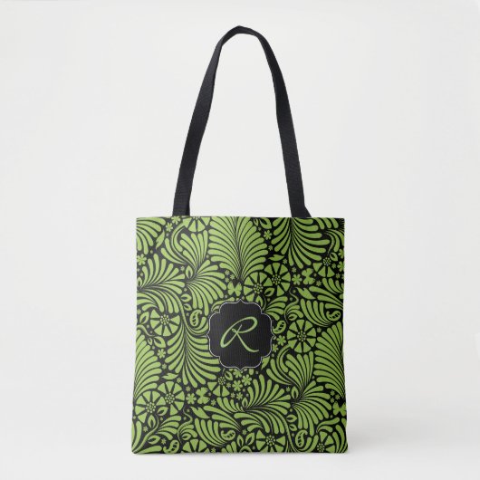 Tote Bag Motif de Damas Tropical vert avec Monogramme (Devant)