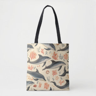 Tote Bag Motif de dauphin à l'aquarelle Côte océan corail