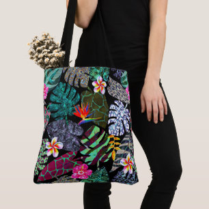 Tote Bag Motif de feuilles et de fleurs tropicales vibrante