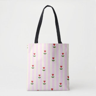 Tote Bag Motif de fleur de cœur doux – Rayures rose pâle