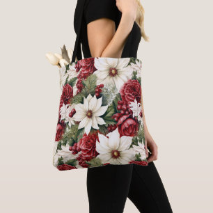 Tote Bag Motif de fleurs et feuilles de Noël rustique vinta