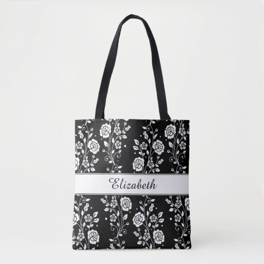 Tote Bag Motif de fleurs florales en noir et blanc botaniqu (Devant)